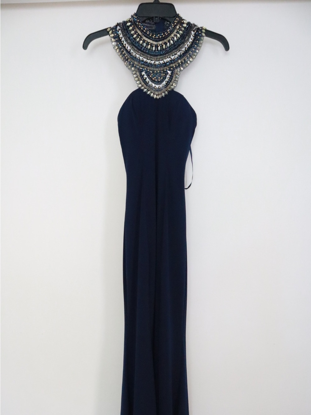 Madison James Navy Halter Maxi Gown with Beaded Collar